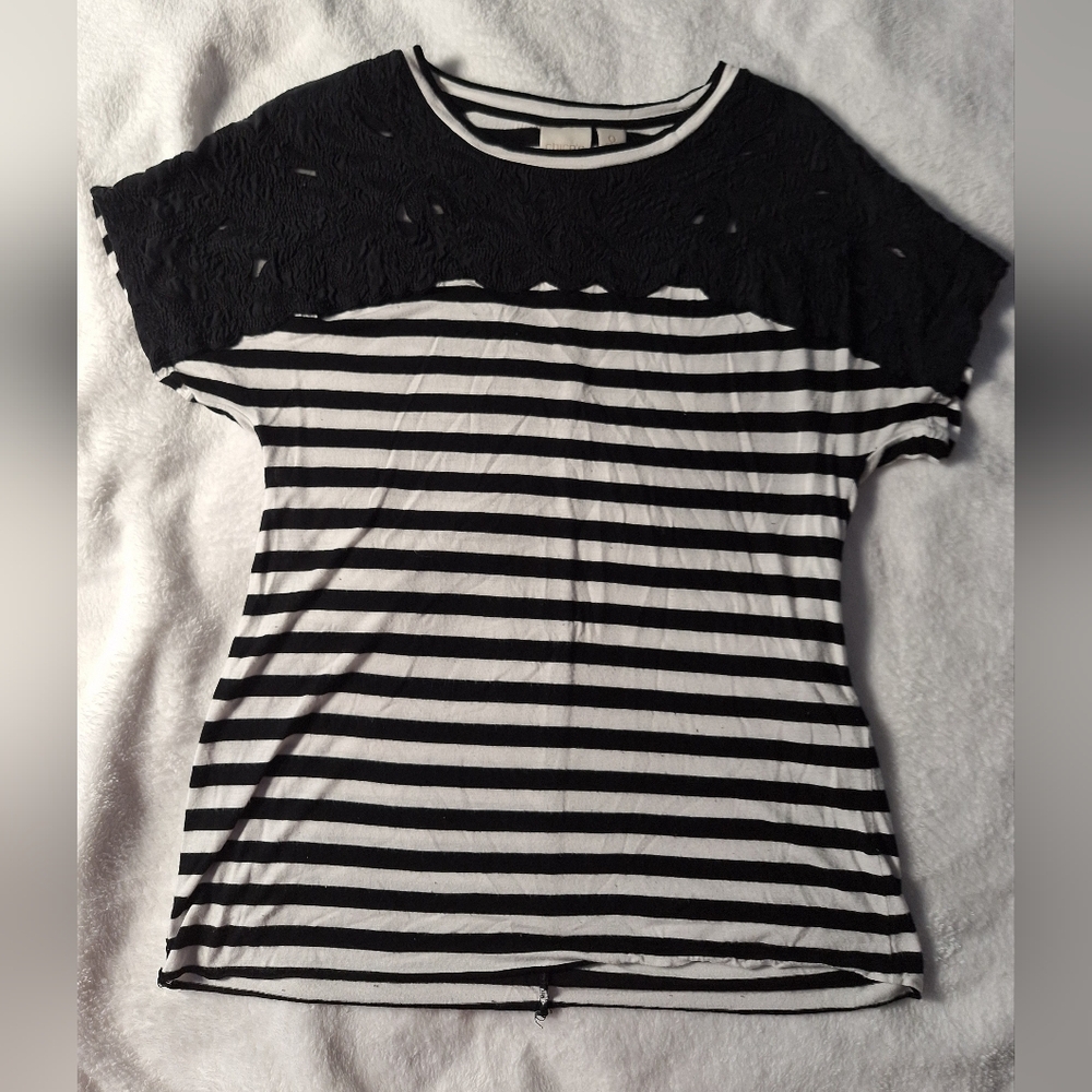 Chico’s Women’s Top - Black White Striped Short Sleeve Lace Overlay Knit Blouse